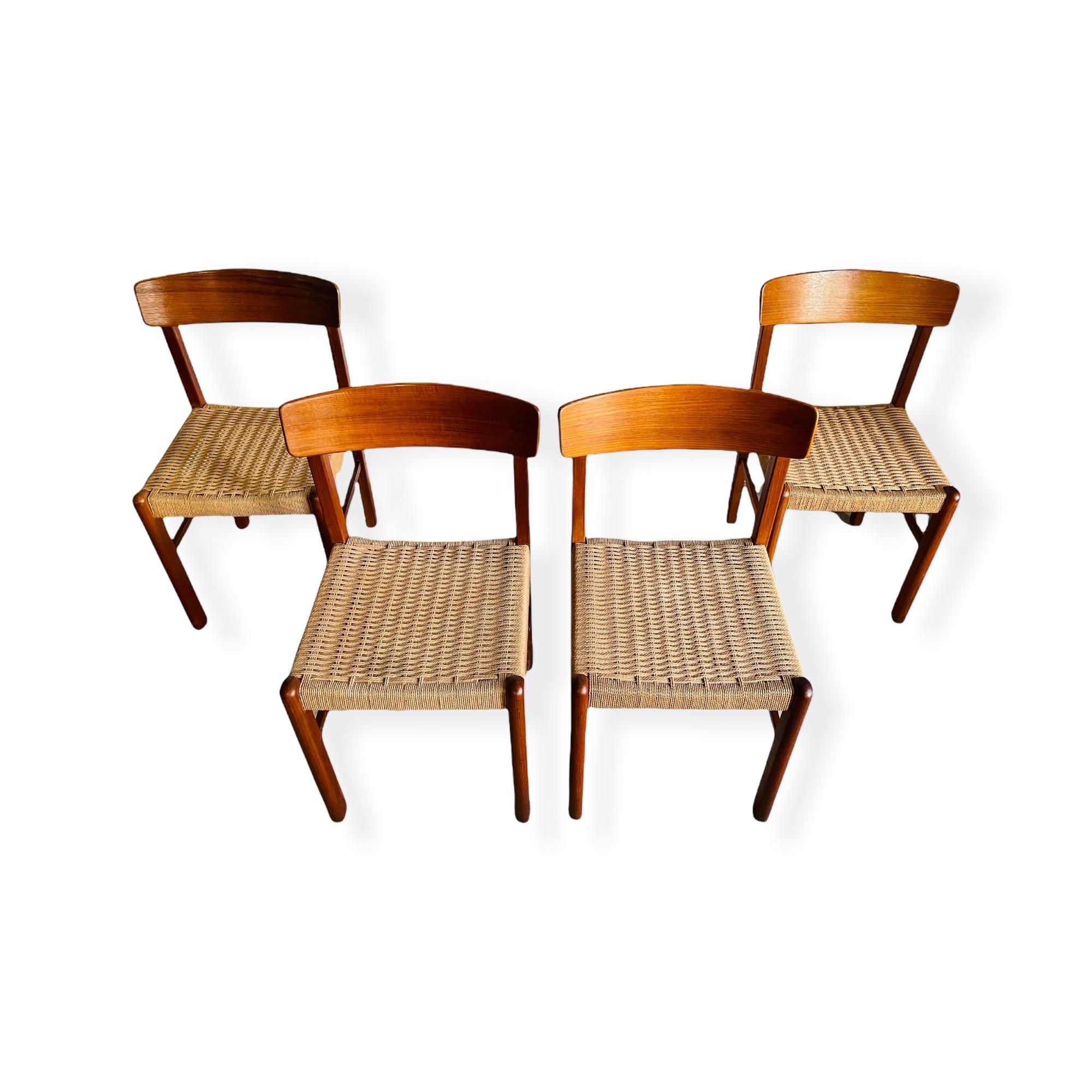Papercord Set 4 Mid-Century Modern Teak Dining Chairs W/ Danish Cord Seats