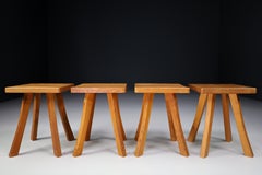Set/4 Midcentury Elm French Stools in the Style of Charlotte Perriand France, 50s