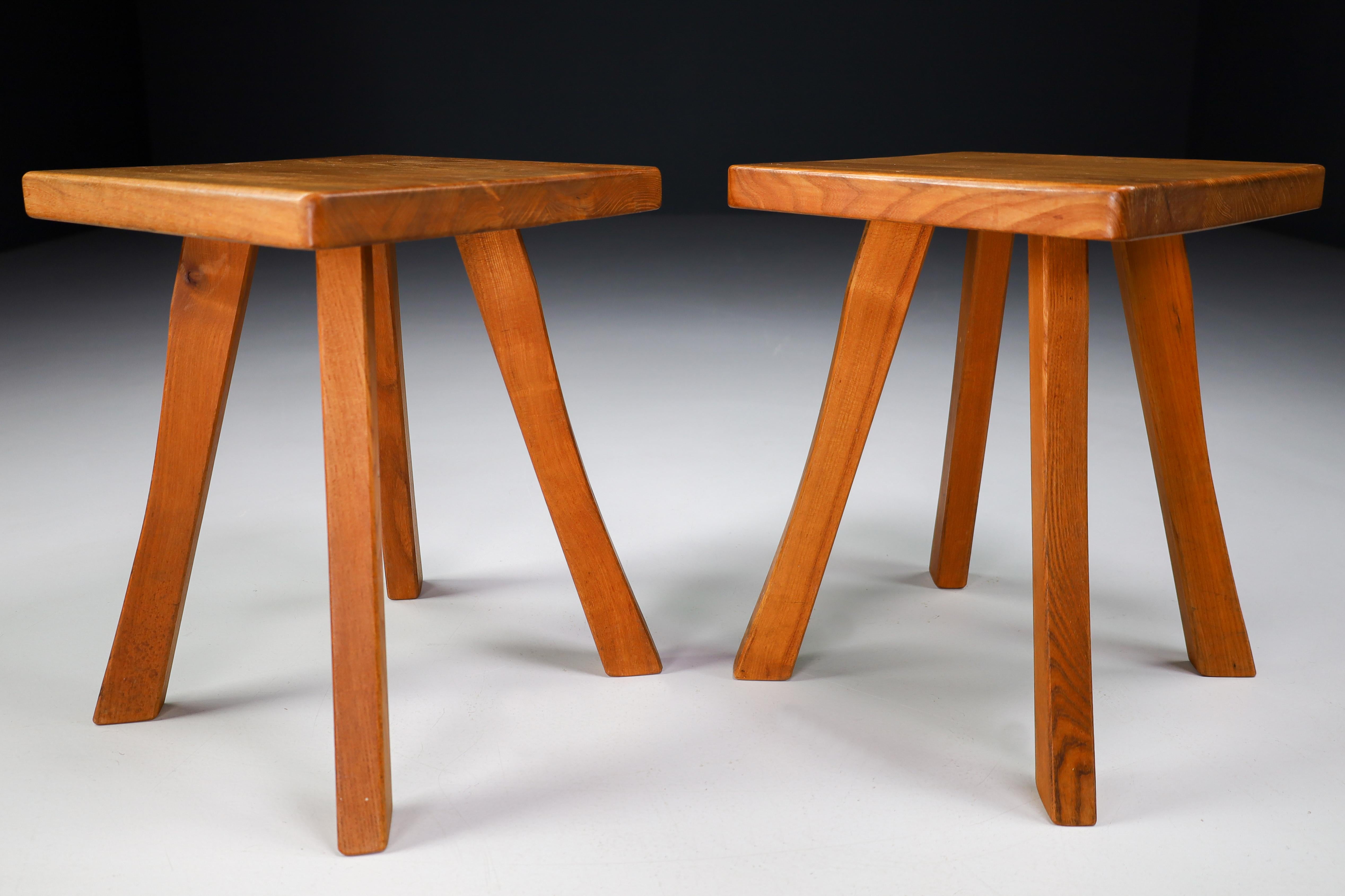 Mid-Century Modern Set/4 Midcentury Elm French Stools in the Style of Charlotte Perriand France, 50s For Sale