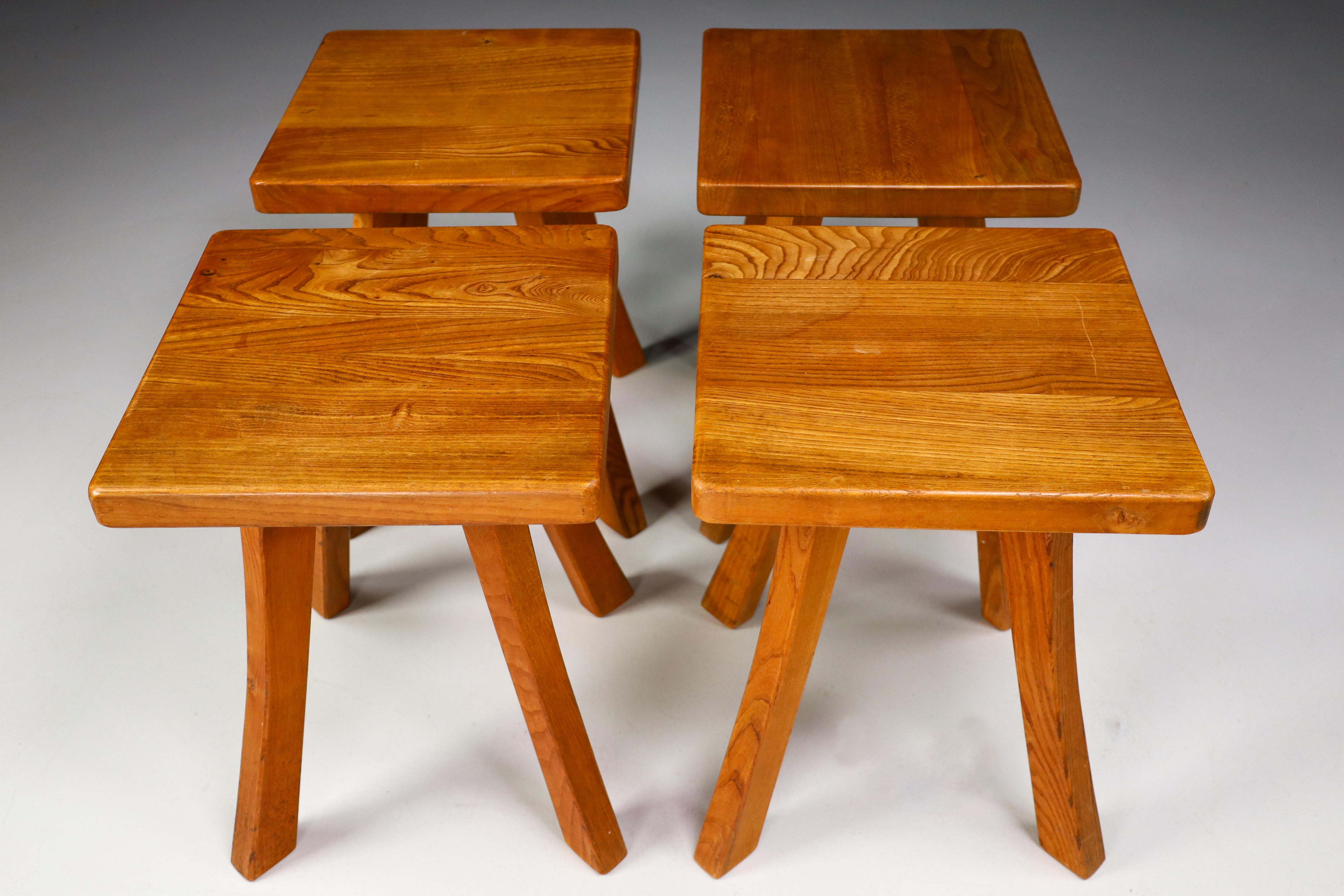 20th Century Set/4 Midcentury Elm French Stools in the Style of Charlotte Perriand France, 50s For Sale