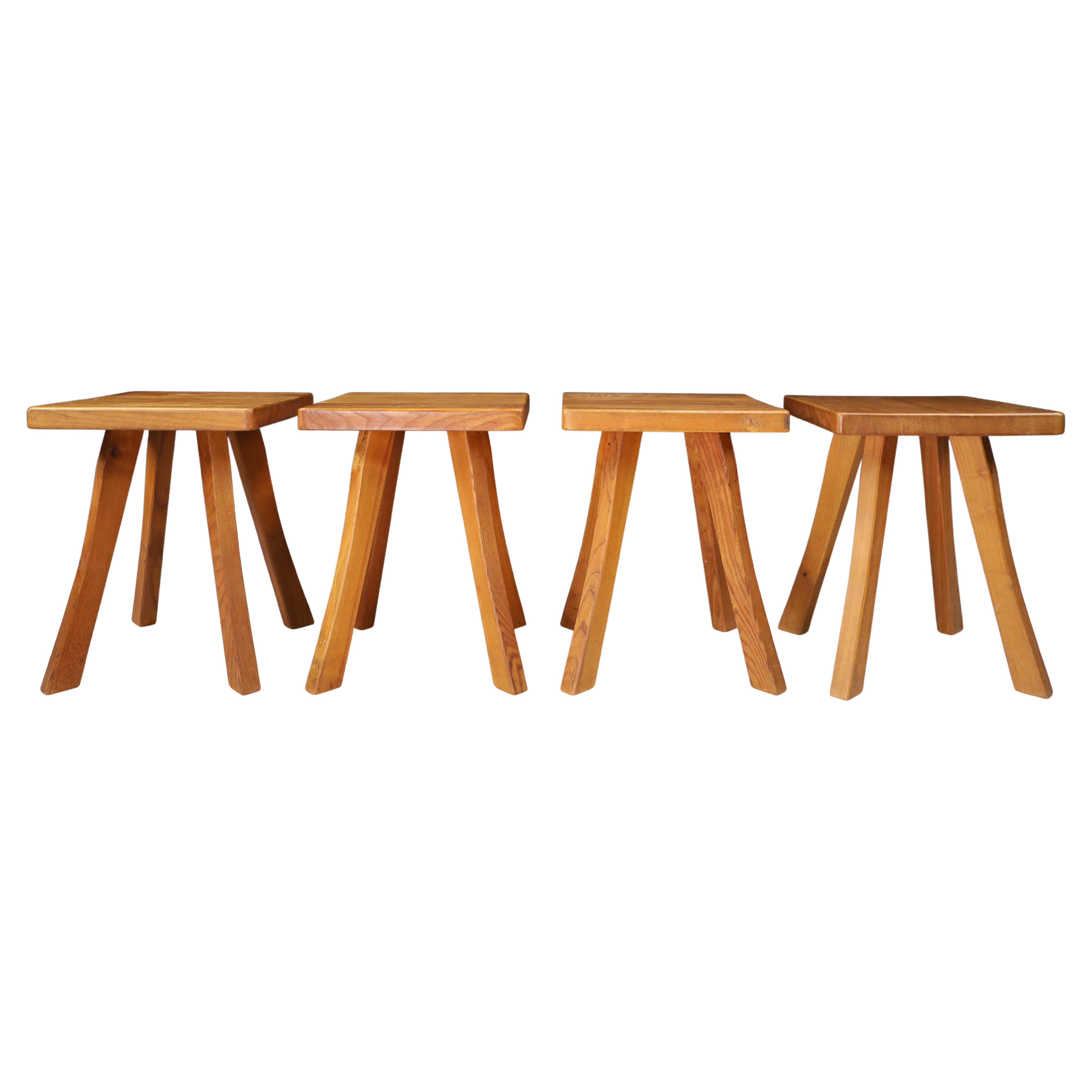 Set/4 Midcentury Elm French Stools in the Style of Charlotte Perriand France, 50s For Sale