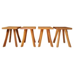 Set/4 Midcentury Elm French Stools in the Style of Charlotte Perriand France, 50s
