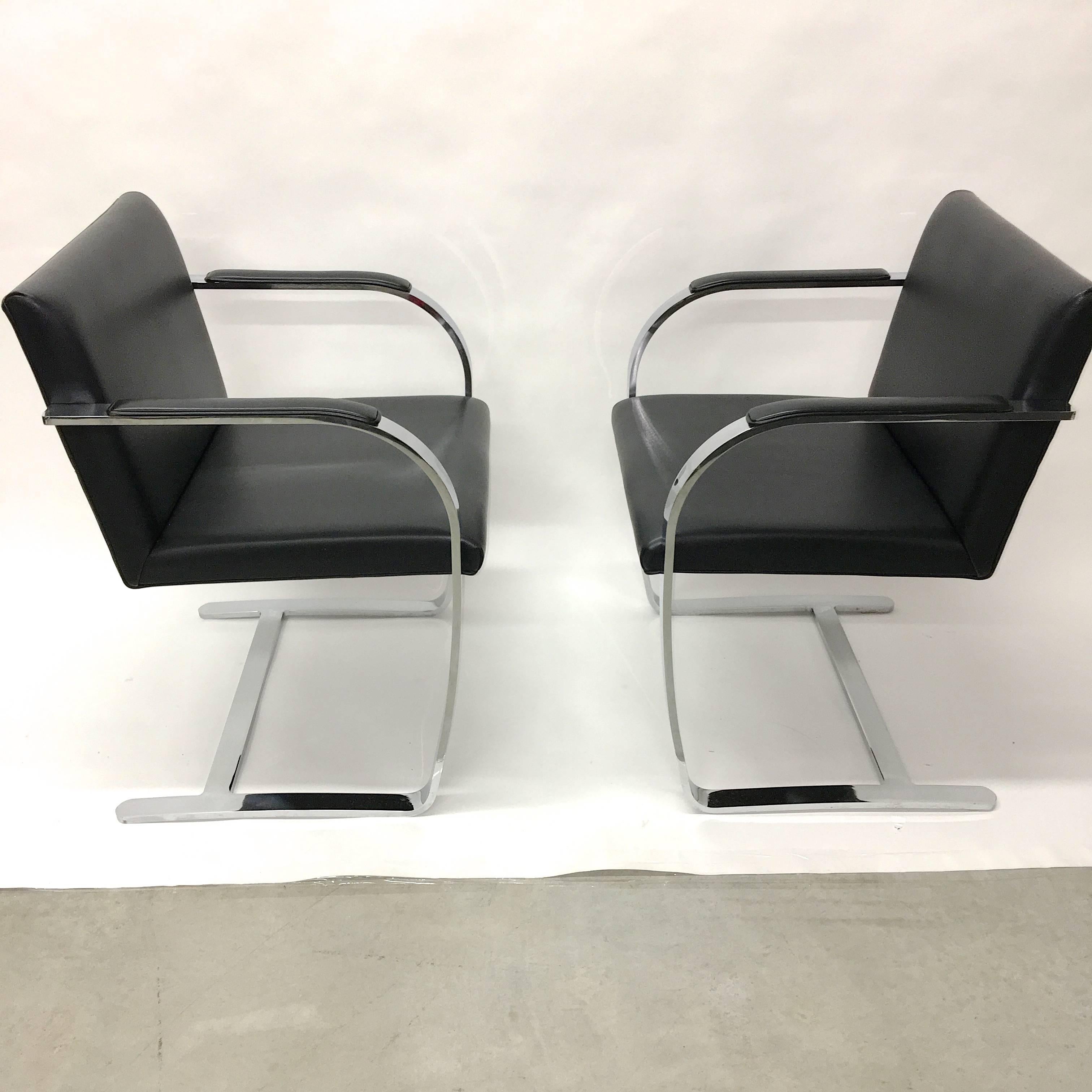 Set Four Mies Van Der Rohe for Knoll Brno Chairs Black Leather Flat Bar Chrome 4