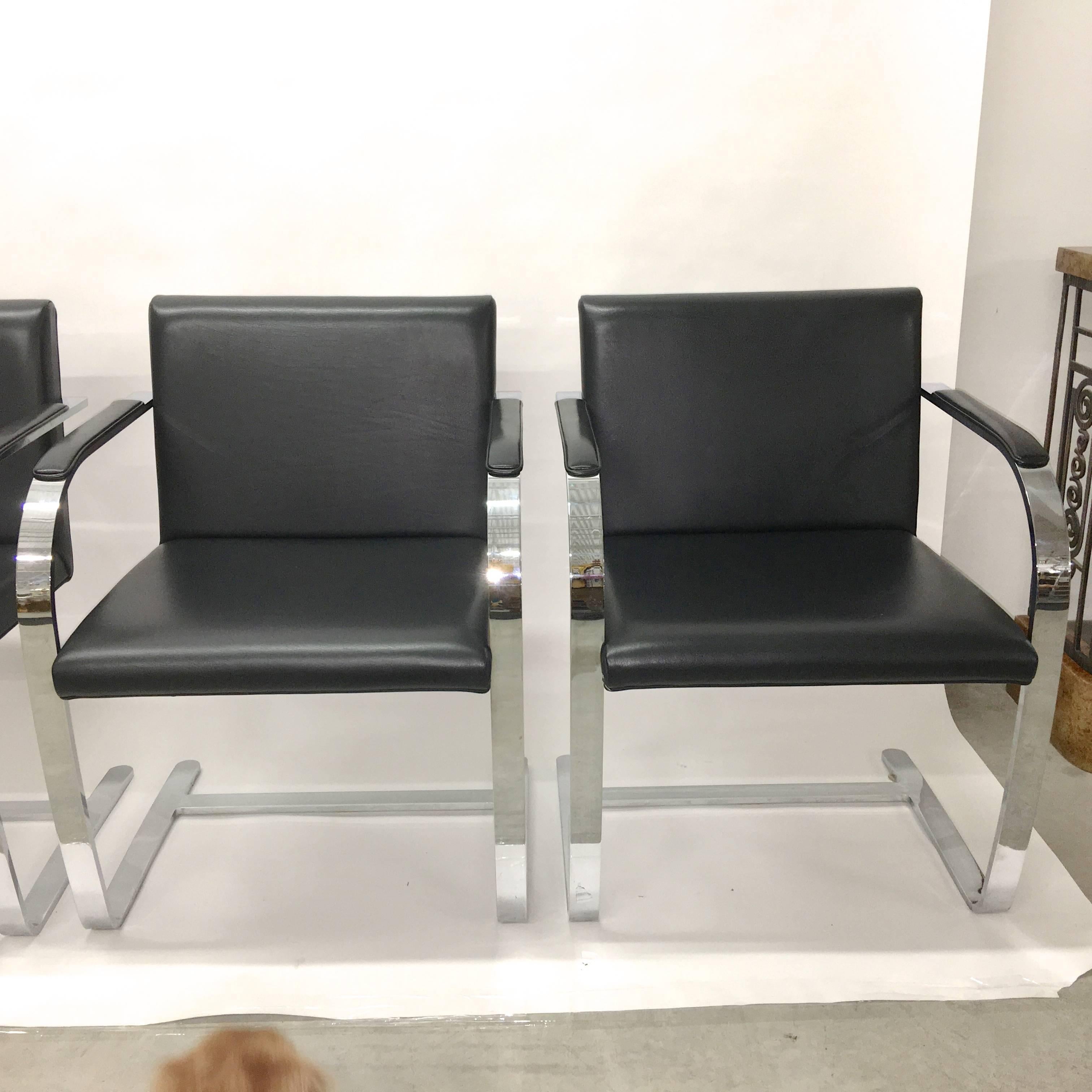Bauhaus Set Four Mies Van Der Rohe for Knoll Brno Chairs Black Leather Flat Bar Chrome