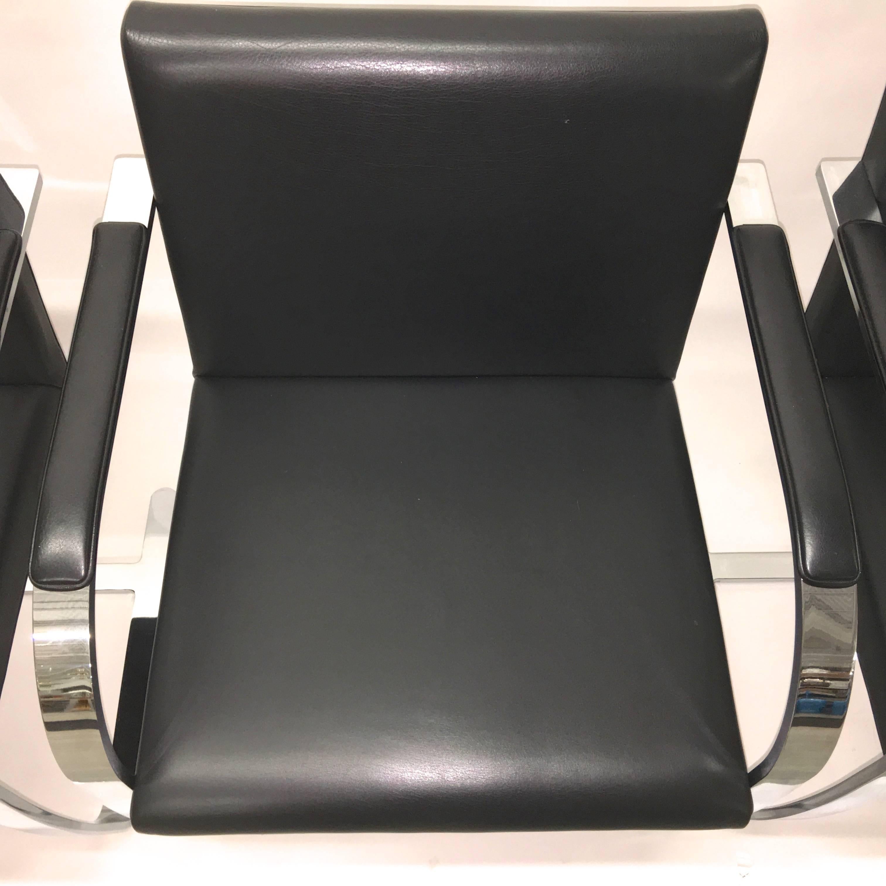 Set Four Mies Van Der Rohe for Knoll Brno Chairs Black Leather Flat Bar Chrome In Excellent Condition In Hanover, MA