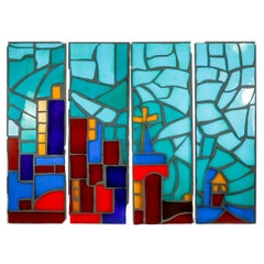 Set of 4 Modern Stained Glass City Landscape Windows
