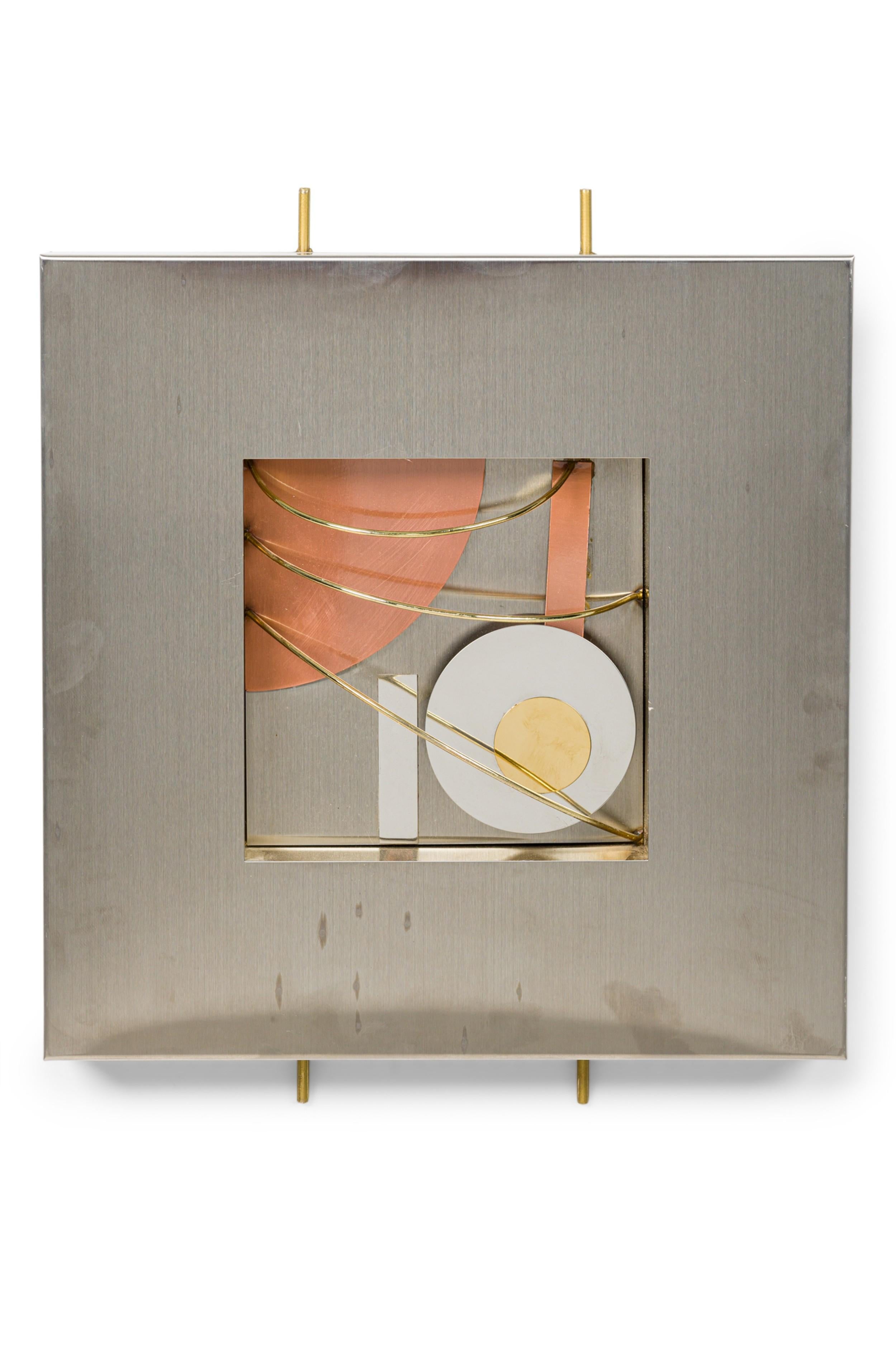 SET 4 American Modern Stainless Steel Square Wall plaques with 2 brass textending rods in the back and having a central square brass, copper, and steel geometric abstract sculpture, (CURTIS JERE) (PRICCED AS SET)