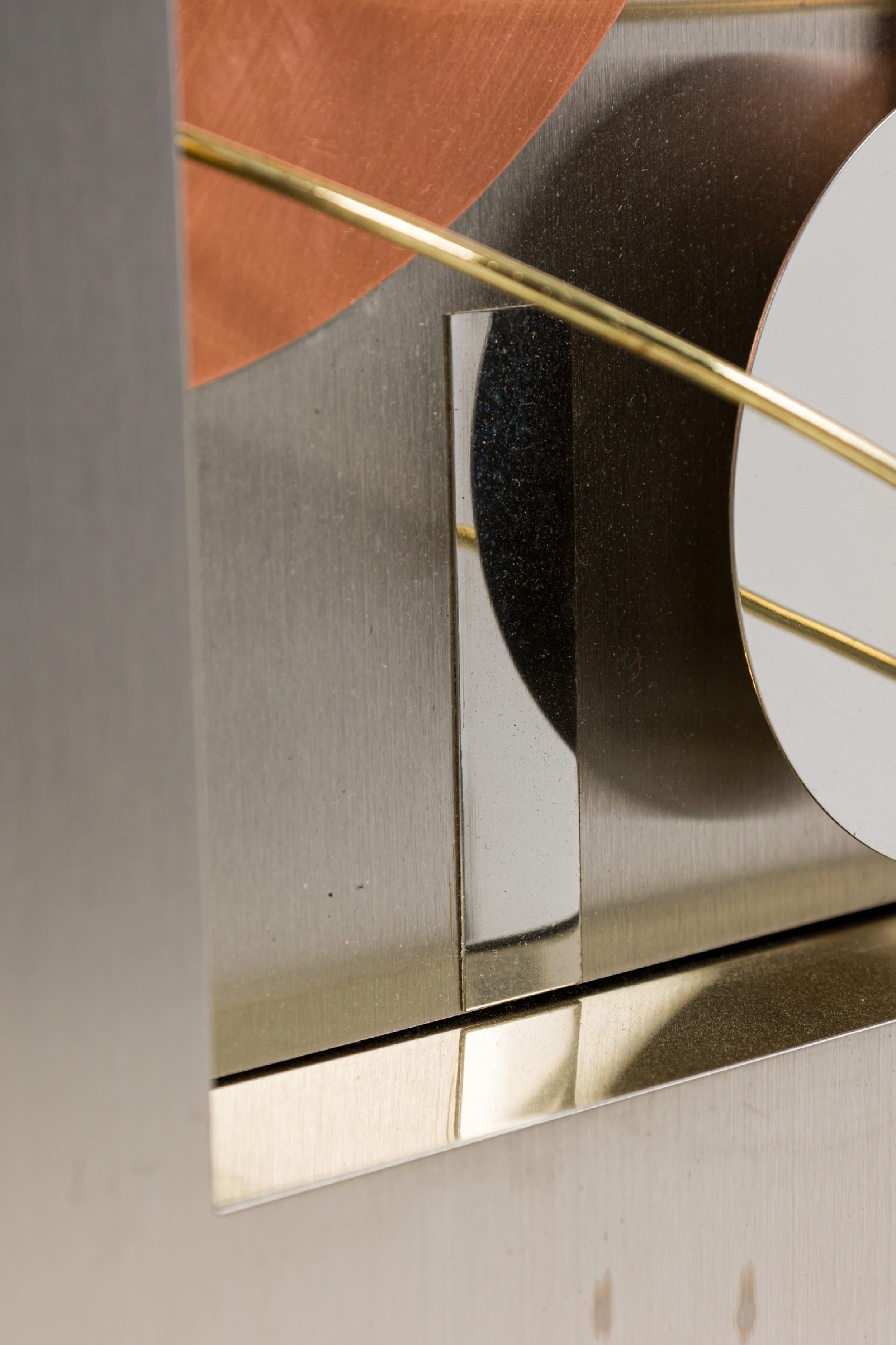 Hand-Crafted Set 4 Modern Stainless Steel, Brass & Copper Wall Sculptures, Curtis Jere For Sale