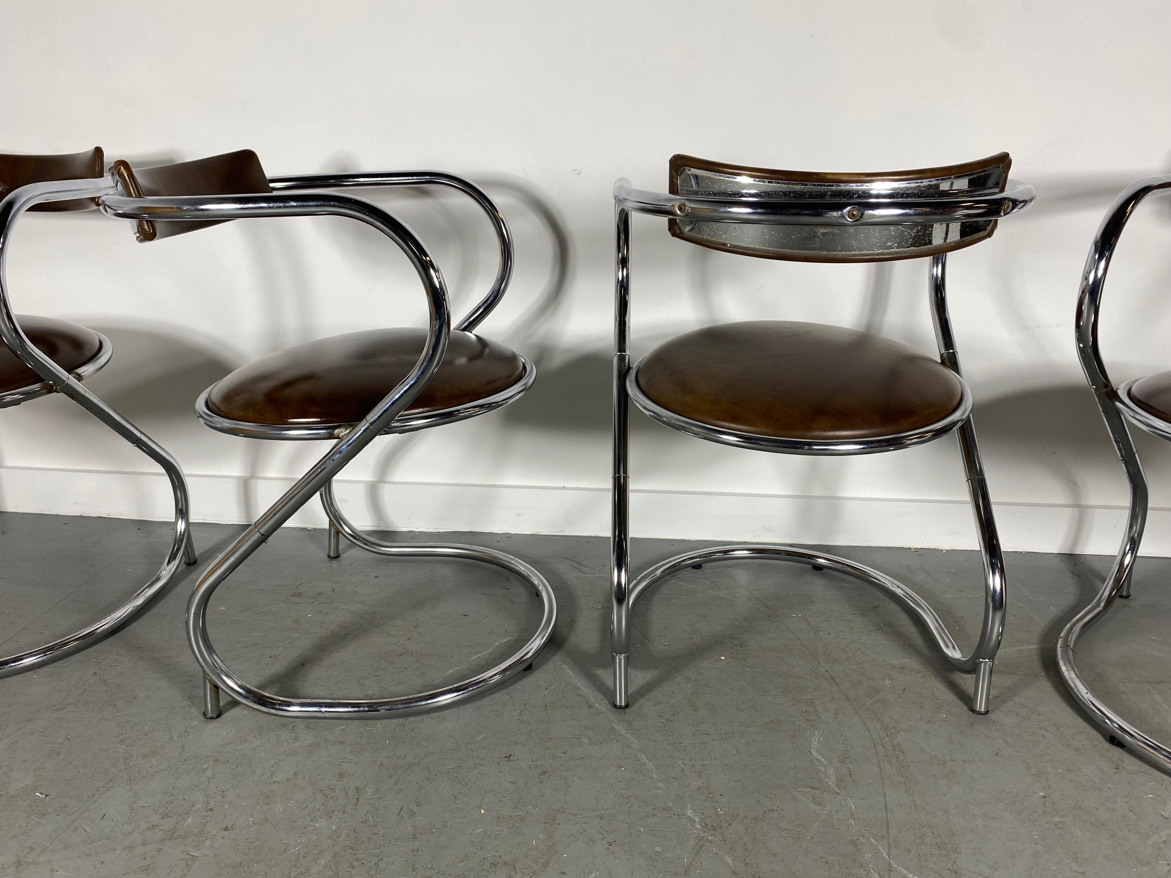Naugahyde Set 4 Modernist Chrome Cantilever Chairs by Etowah Mfg, Bauhaus / Art Deco