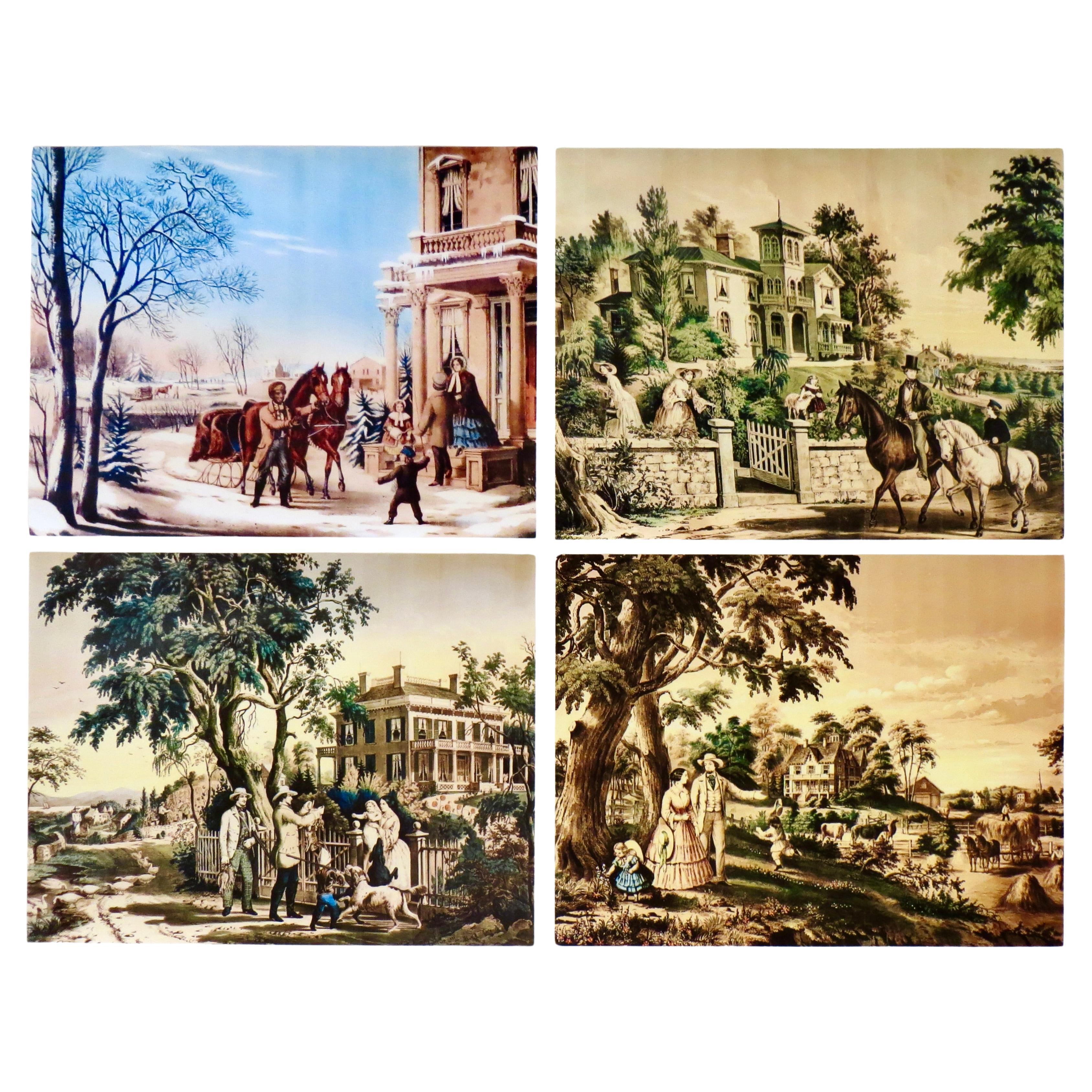 Set (4) Nathaniel Currier Lithographs American Country Life--Four Seasons C1855