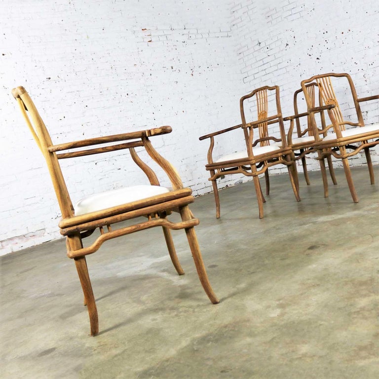 Set 4 Natural Teak Indonesian Ming Style Dining Armed Chairs