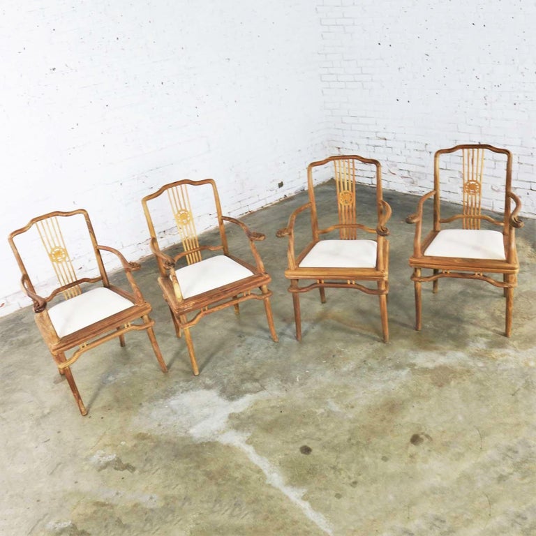 Set 4 Natural Teak Indonesian Ming Style Dining Armed Chairs