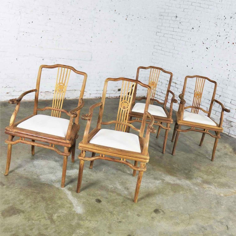 Set 4 Natural Teak Indonesian Ming Style Dining Armed Chairs