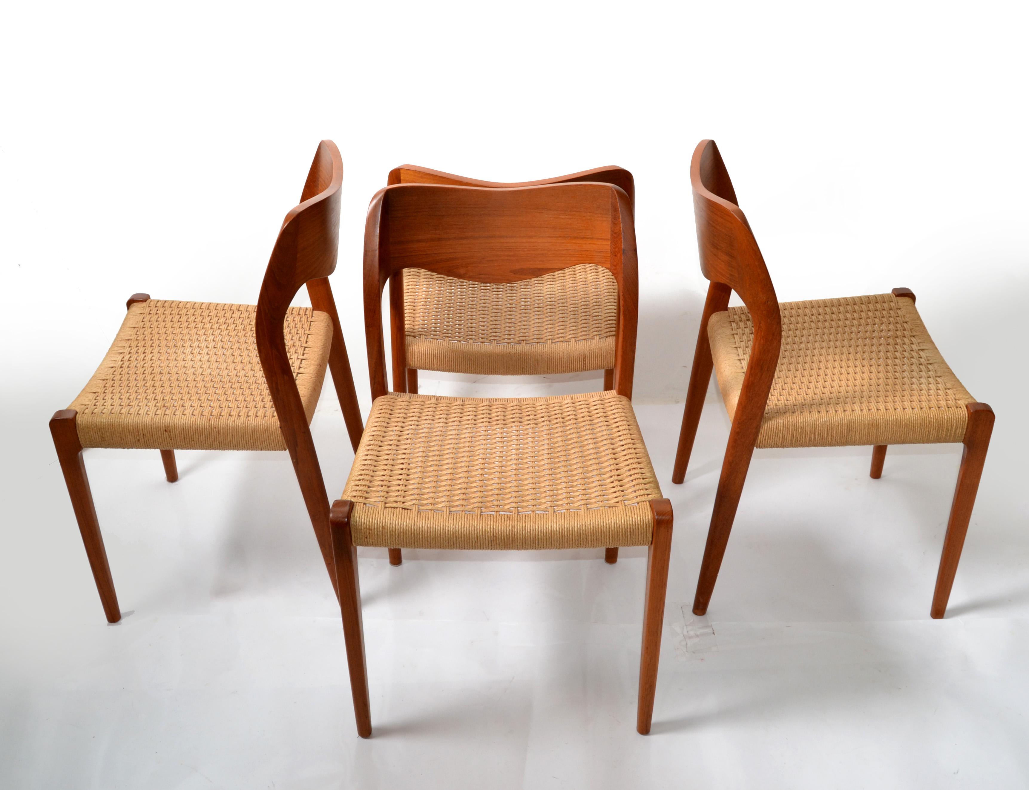 Hand-Crafted Set 4 Niels Møller Modell 71 Danish Teak Dining Chairs Papercord by J.L. Møllers