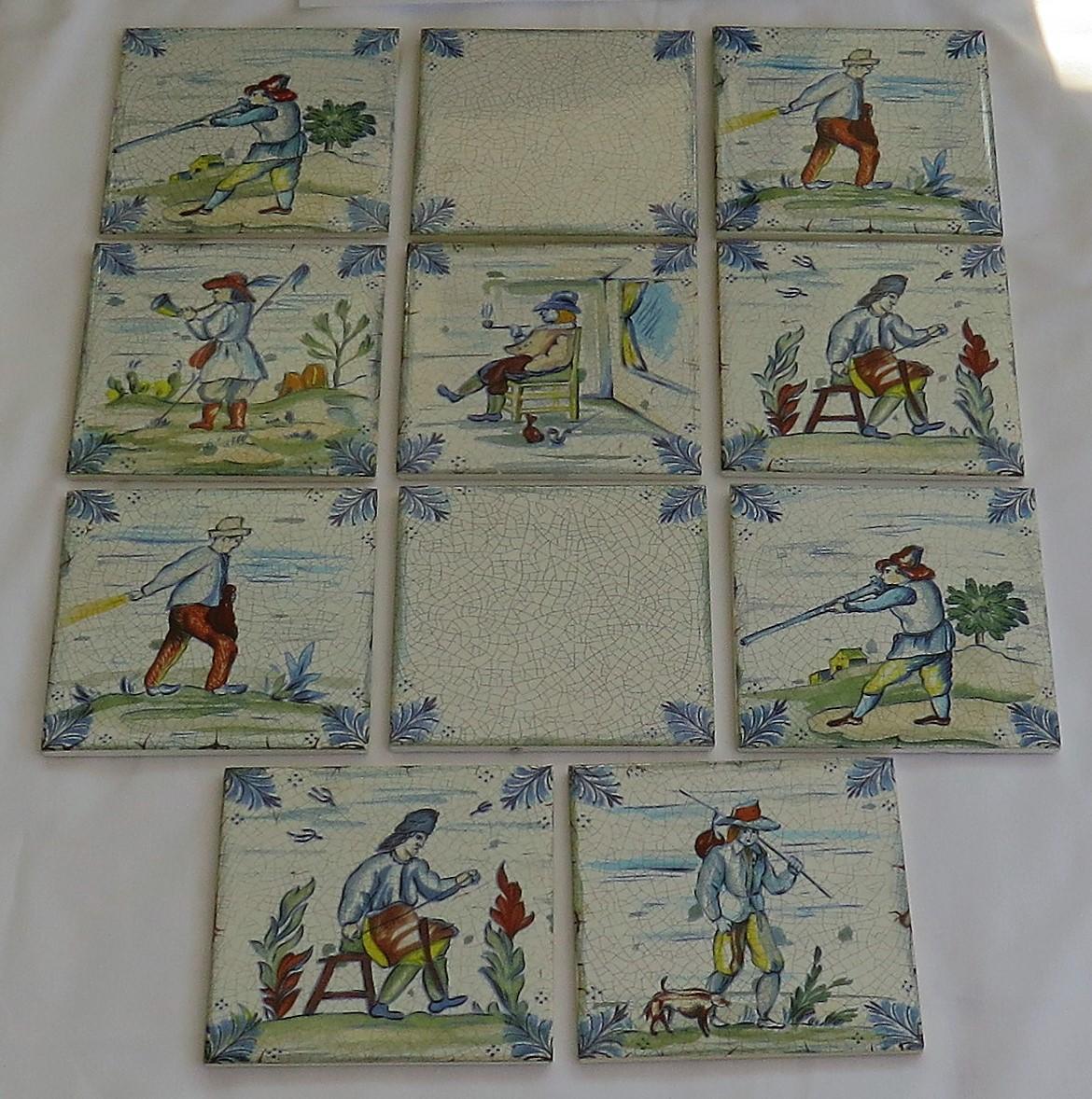 Folk Art Set of Eleven Ceramic Wall Tiles Square by Servais of Germany Set 4, circa 1950