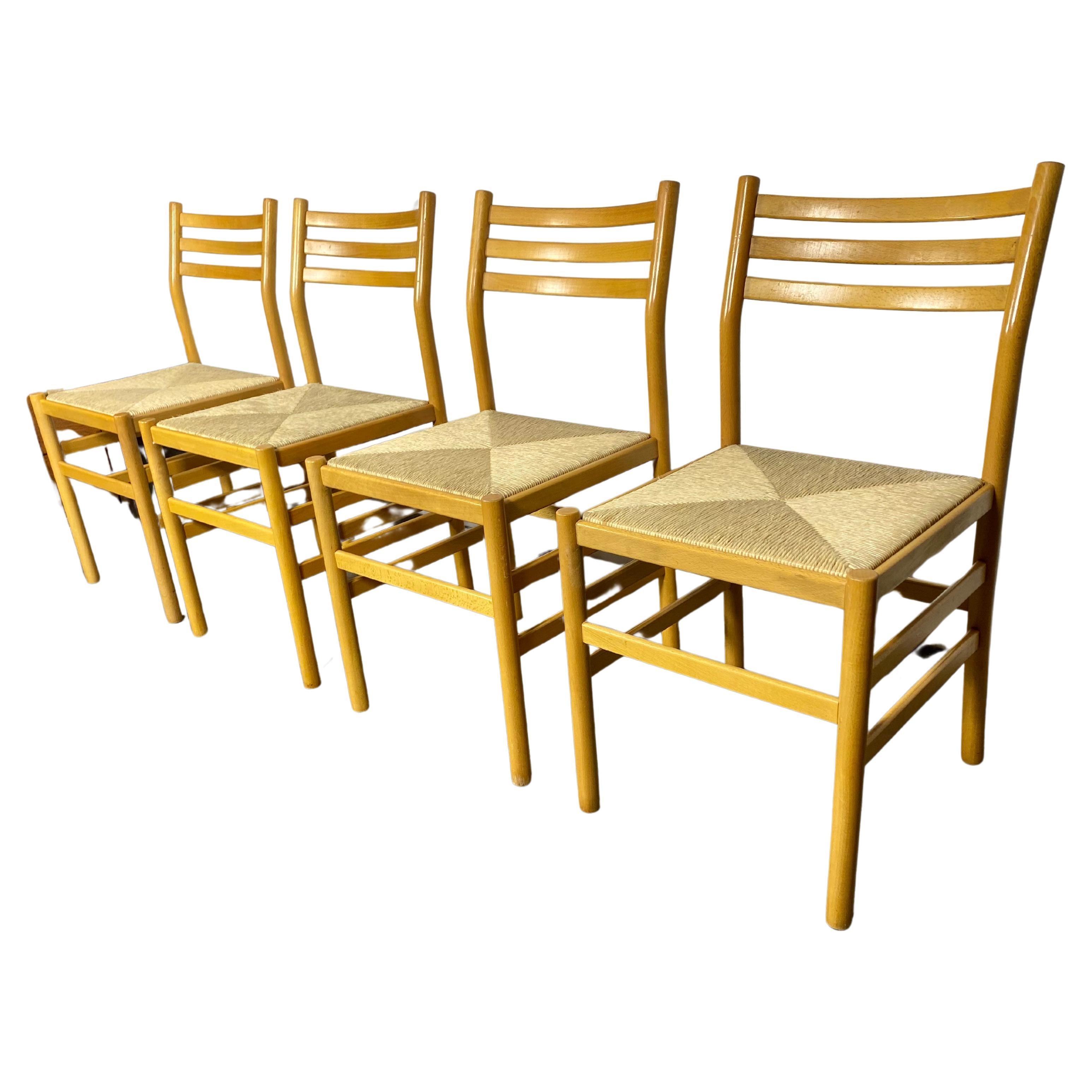 Set 4 Rope and Beech wood Side Dining Chairs/ Italy, after Gio Ponti For Sale