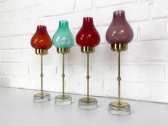 Set of 4 Mid-Century Modern Candlesticks Red, Purple, Green Glass & Brass Sweden