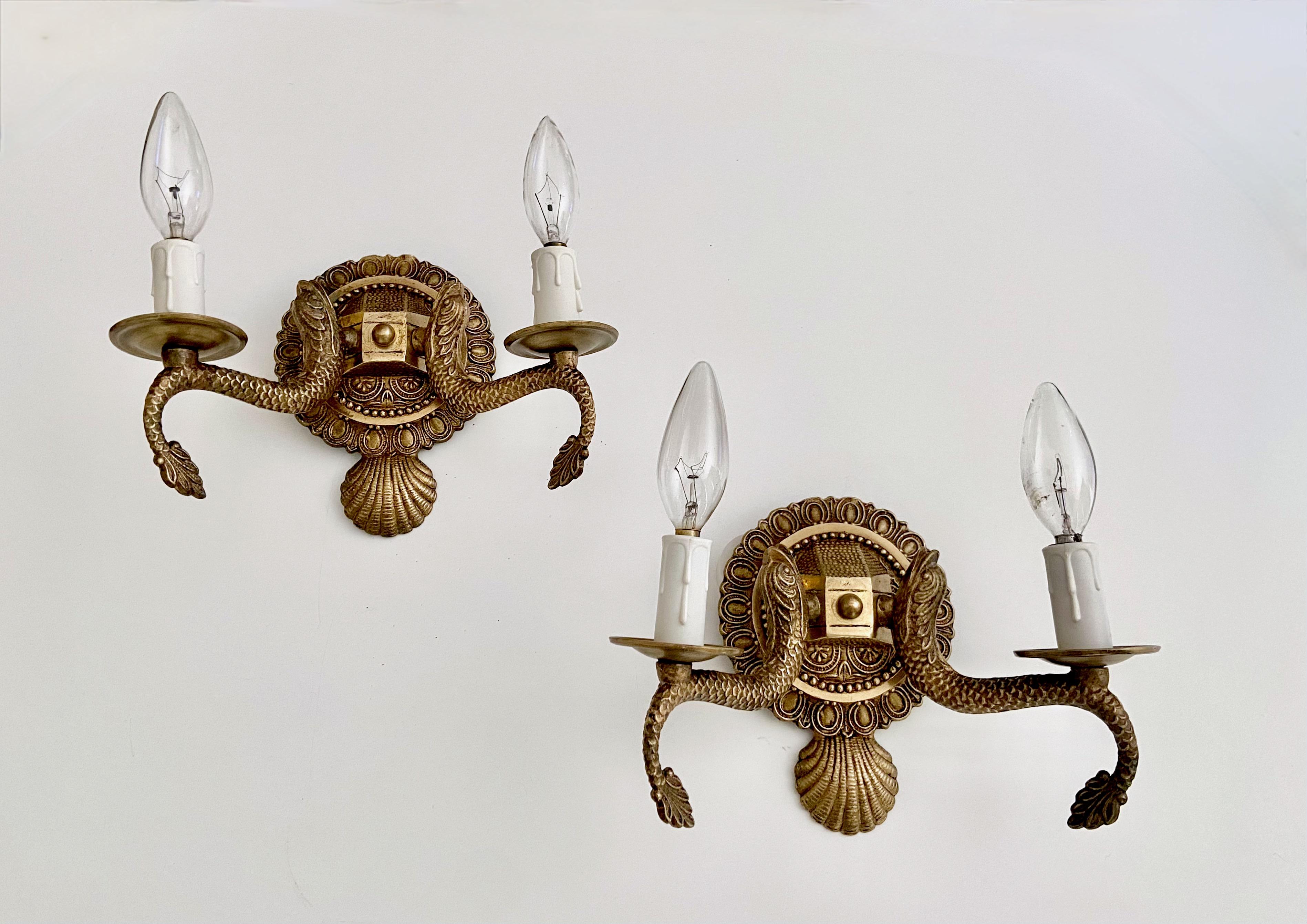 Set 4 Seashell & Dolphin Neoclassic Brass Wall Sconces For Sale 9
