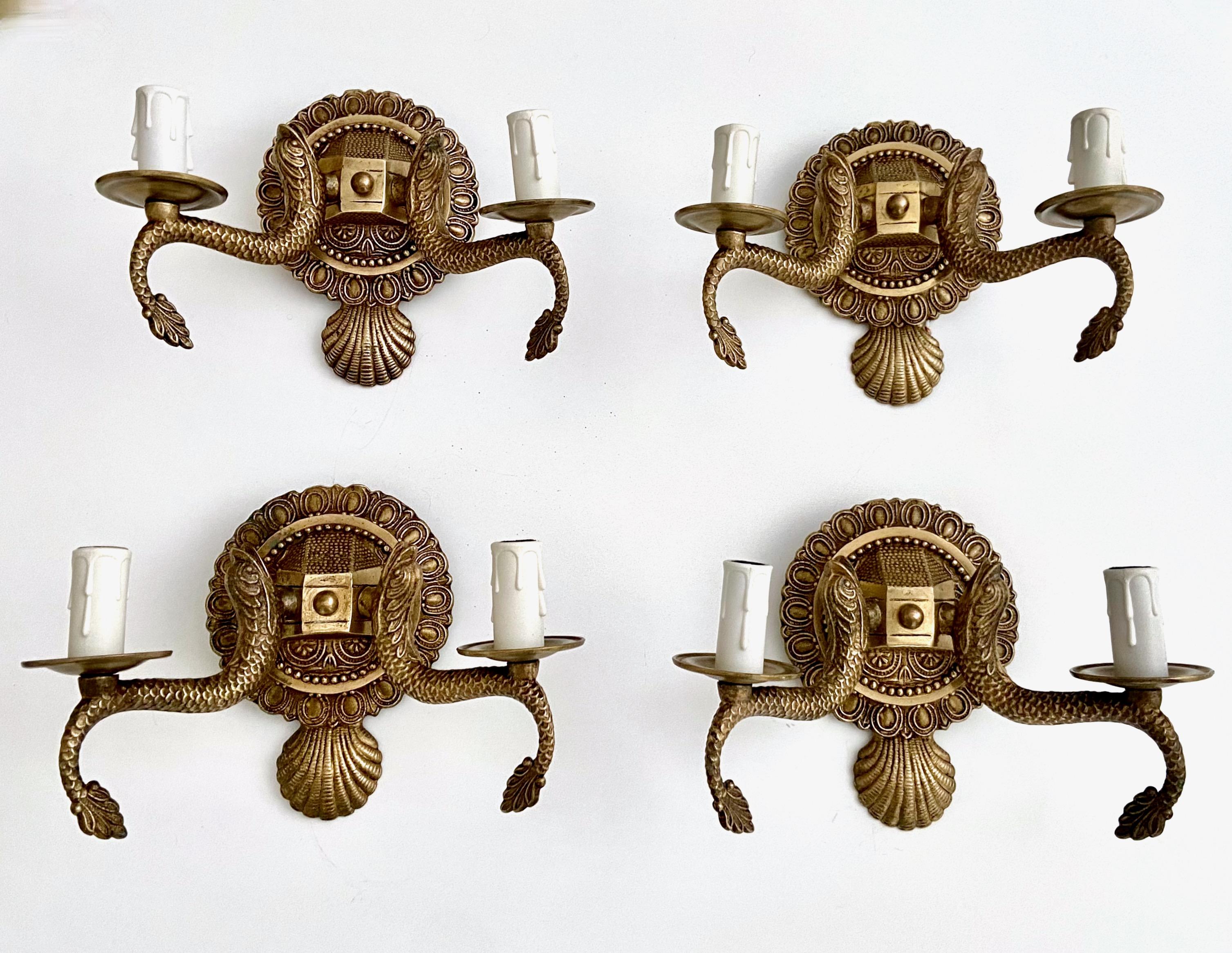 Set 4 Seashell & Dolphin Neoclassic Brass Wall Sconces For Sale 11