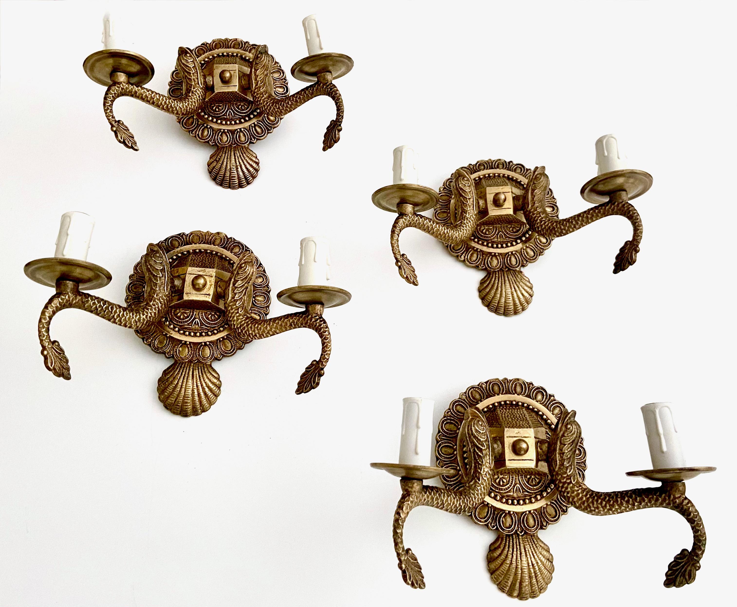 European Set 4 Seashell & Dolphin Neoclassic Brass Wall Sconces For Sale