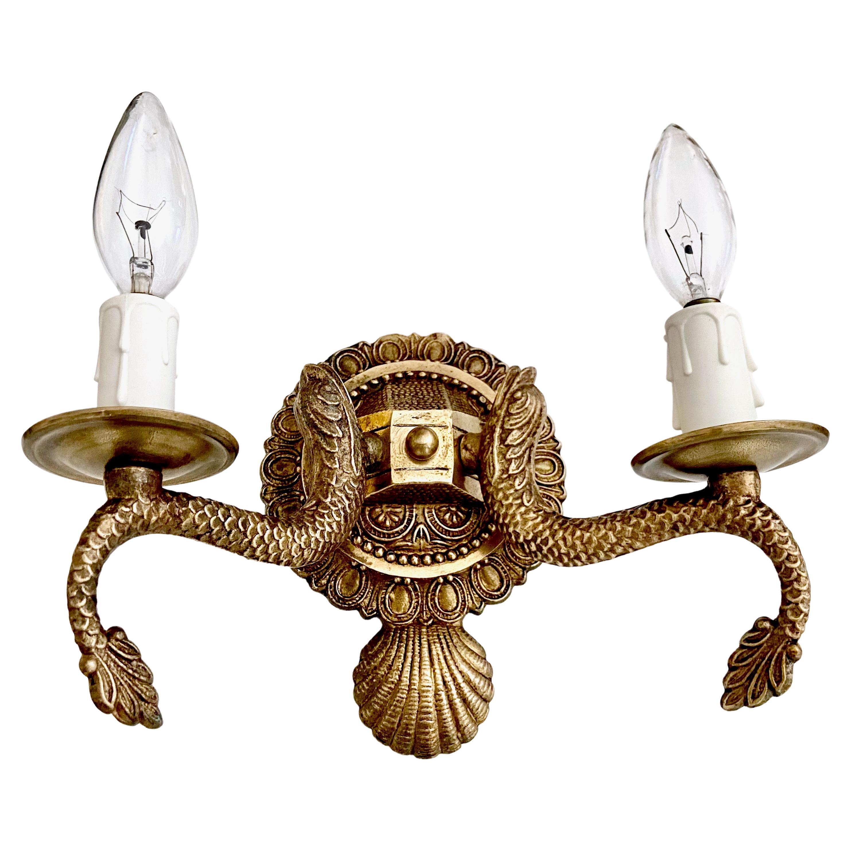 Set 4 Seashell & Dolphin Neoclassic Brass Wall Sconces For Sale 3