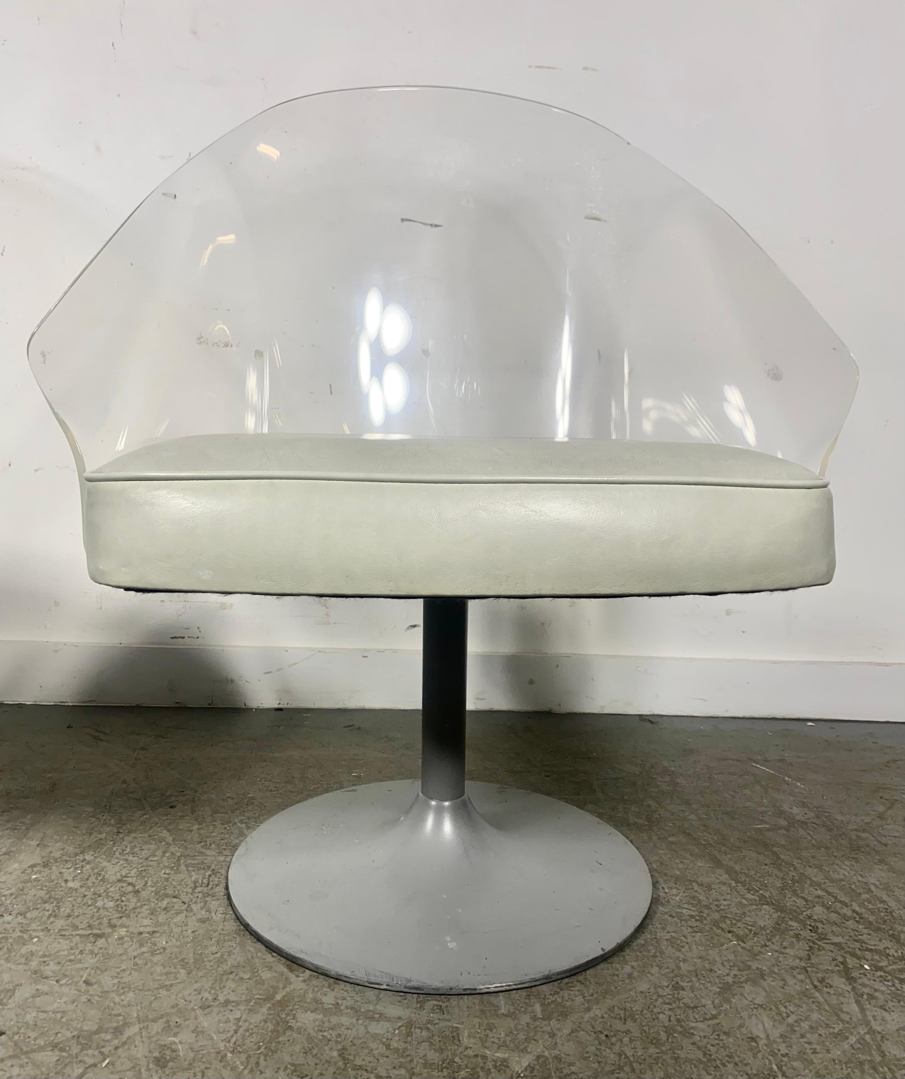 Set 4 Space Age Lucite Swivel Dining / Lounge Chairs , manner of Erwine & Estelle Laverne.. Extremely comfortable,, Lucite shell tops in nice original condition,, minor scratches to original finish,, Metal bases have been re-painted, show signs of