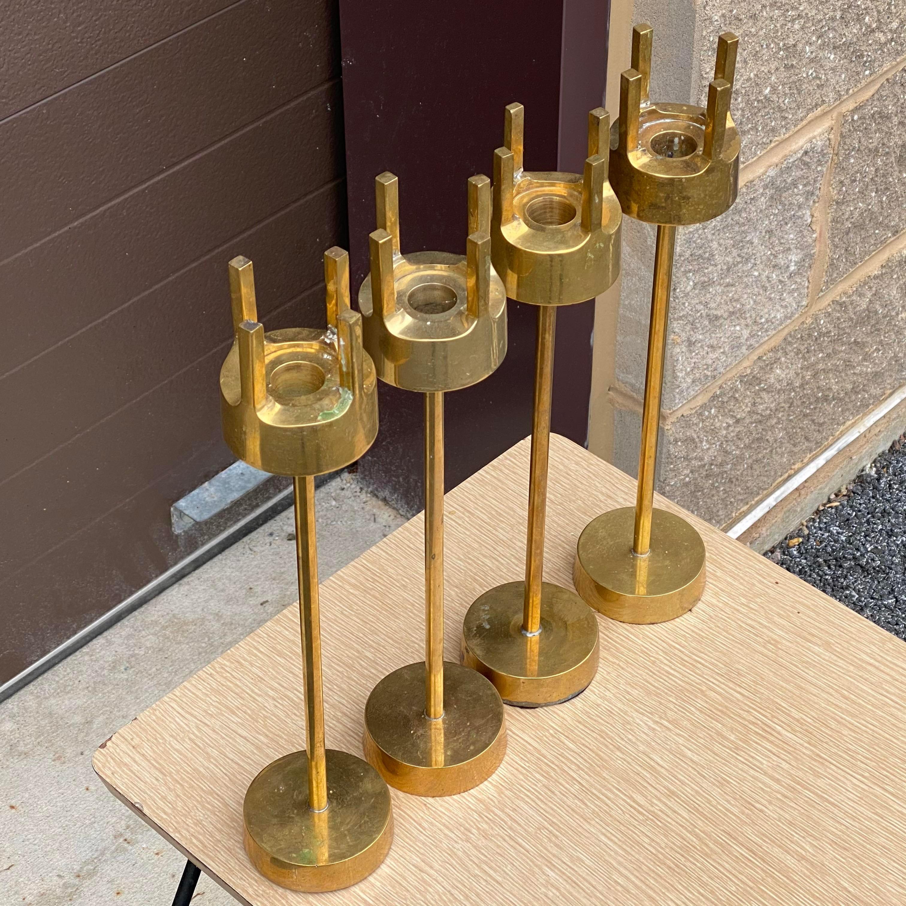 Unknown Set 4 Swedish Modernist Brass Candlesticks After Pierre Forsell for Skultuna For Sale