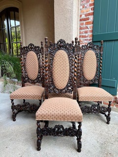 Set 4 TALL Antique French Dining Chairs Barley Twist Renaissance Carved Oak 1890