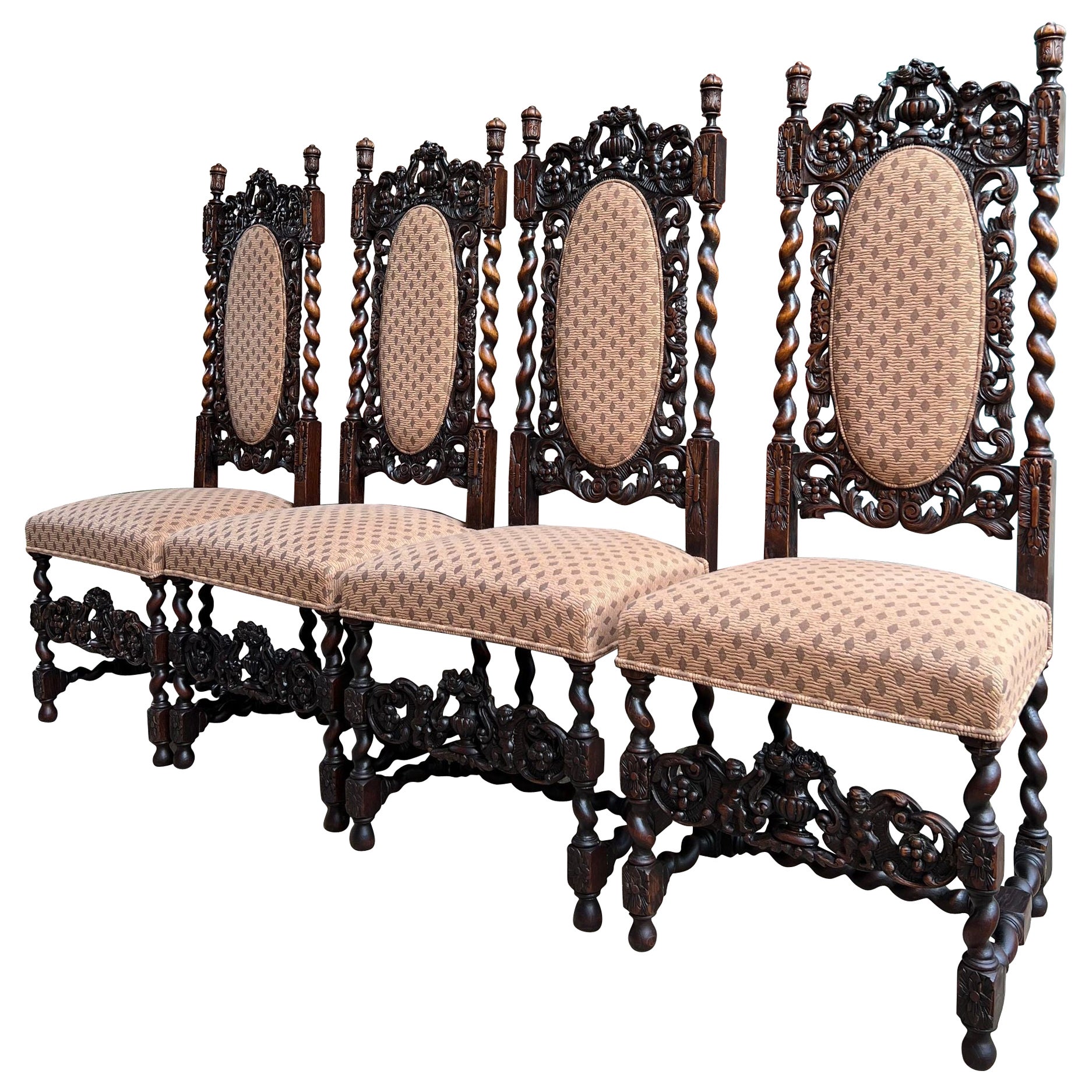 Set 4 TALL Antique French Dining Chair Barley Twist Renaissance geschnitzt Oak 1890