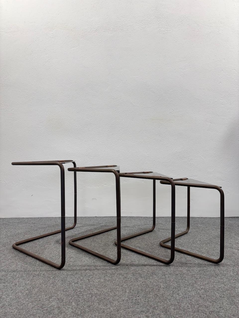 Italian Set 4 side tables Modular Metal And Glass 1960's Design Modernism For Sale