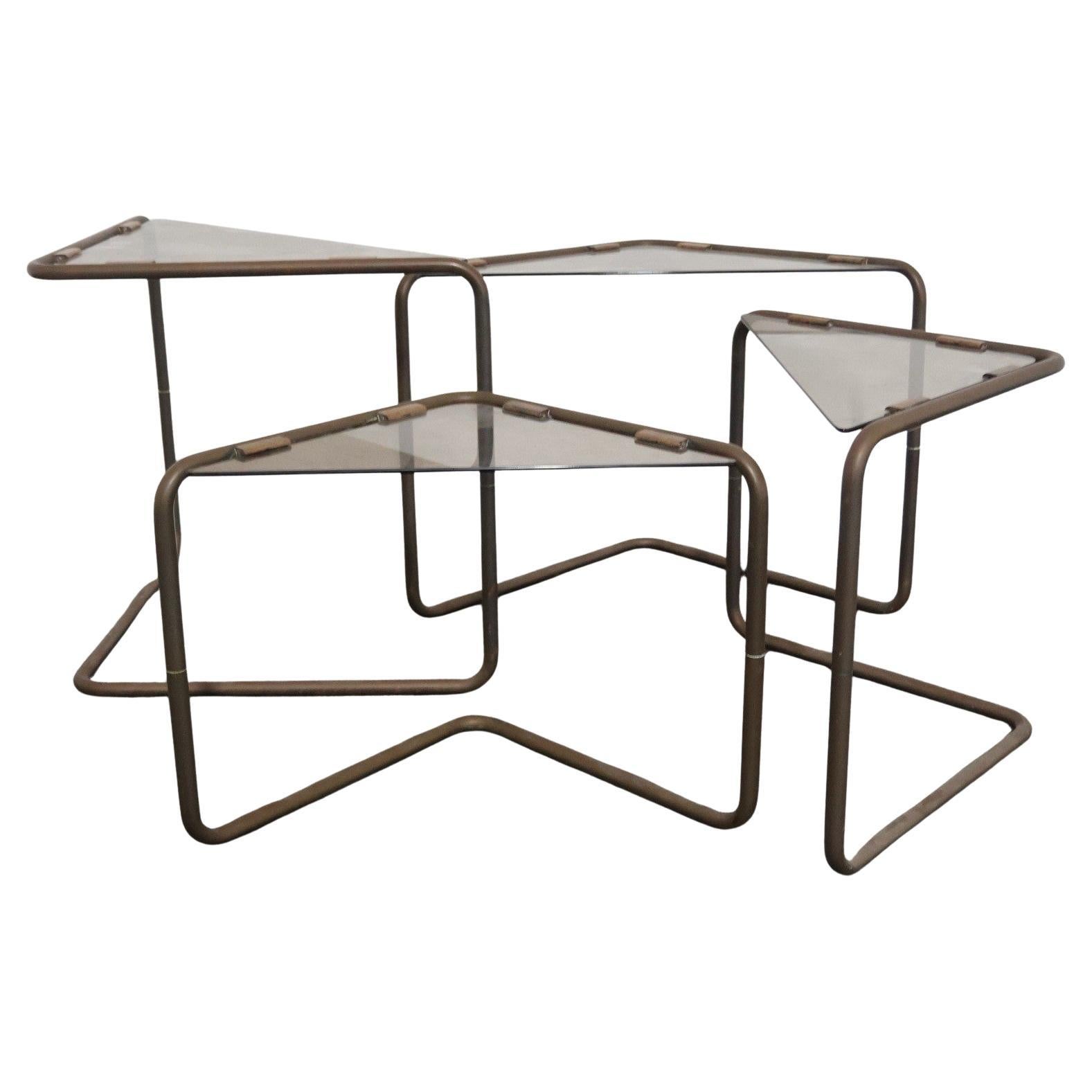 Set 4 tavolini Componibili Metallo E Vetro 1960's Design Modernariato