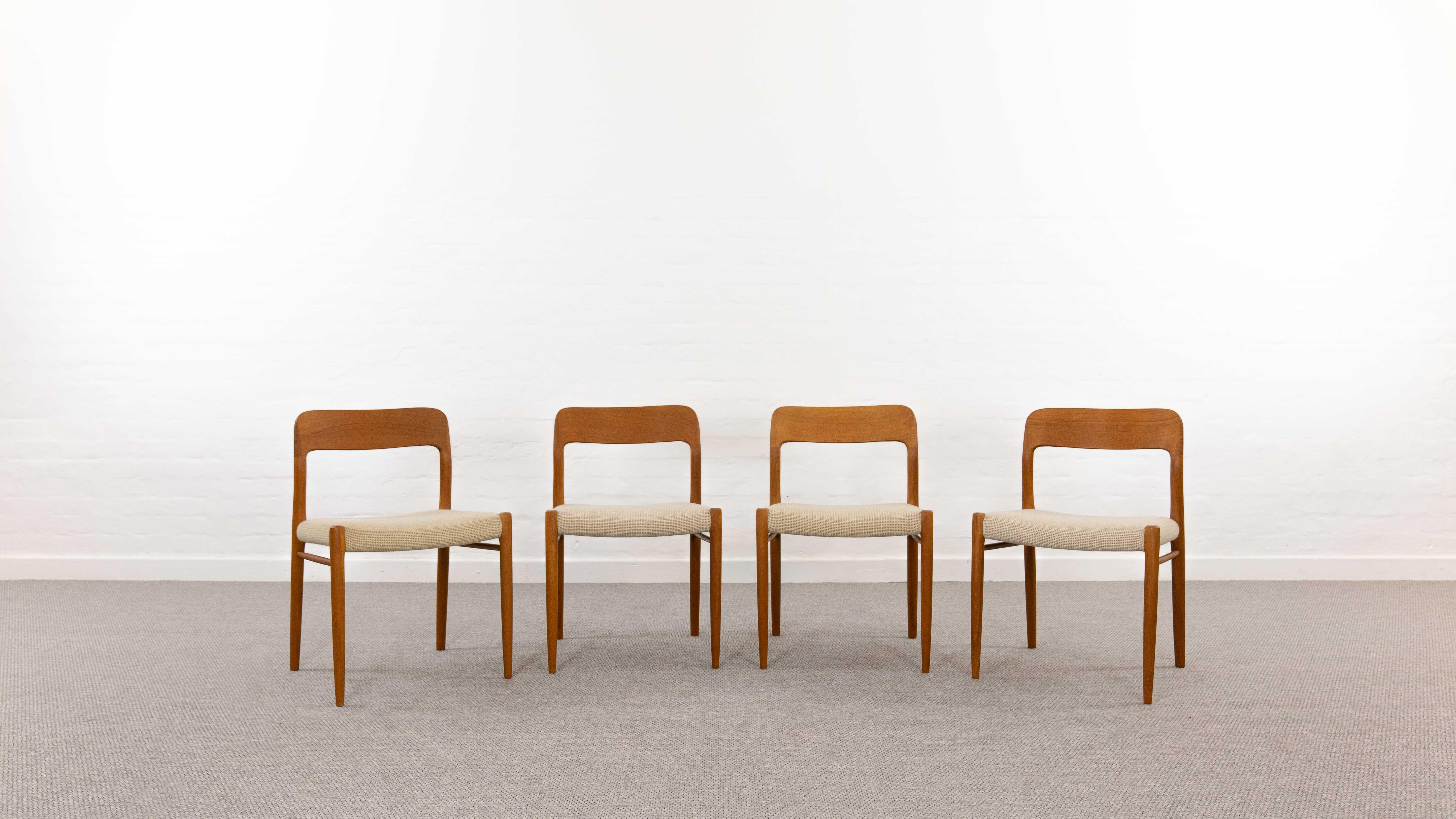 Set 4 mid century scaninavian teakchairs, designed by Niels Otto Möller 1954, manufactured by J.L. Möller – Höjbjerg, Denmark. Model No. 75. Teakwoodframe upholstered with original beige fabrics. All chairs are marked underneath with paperlabel.