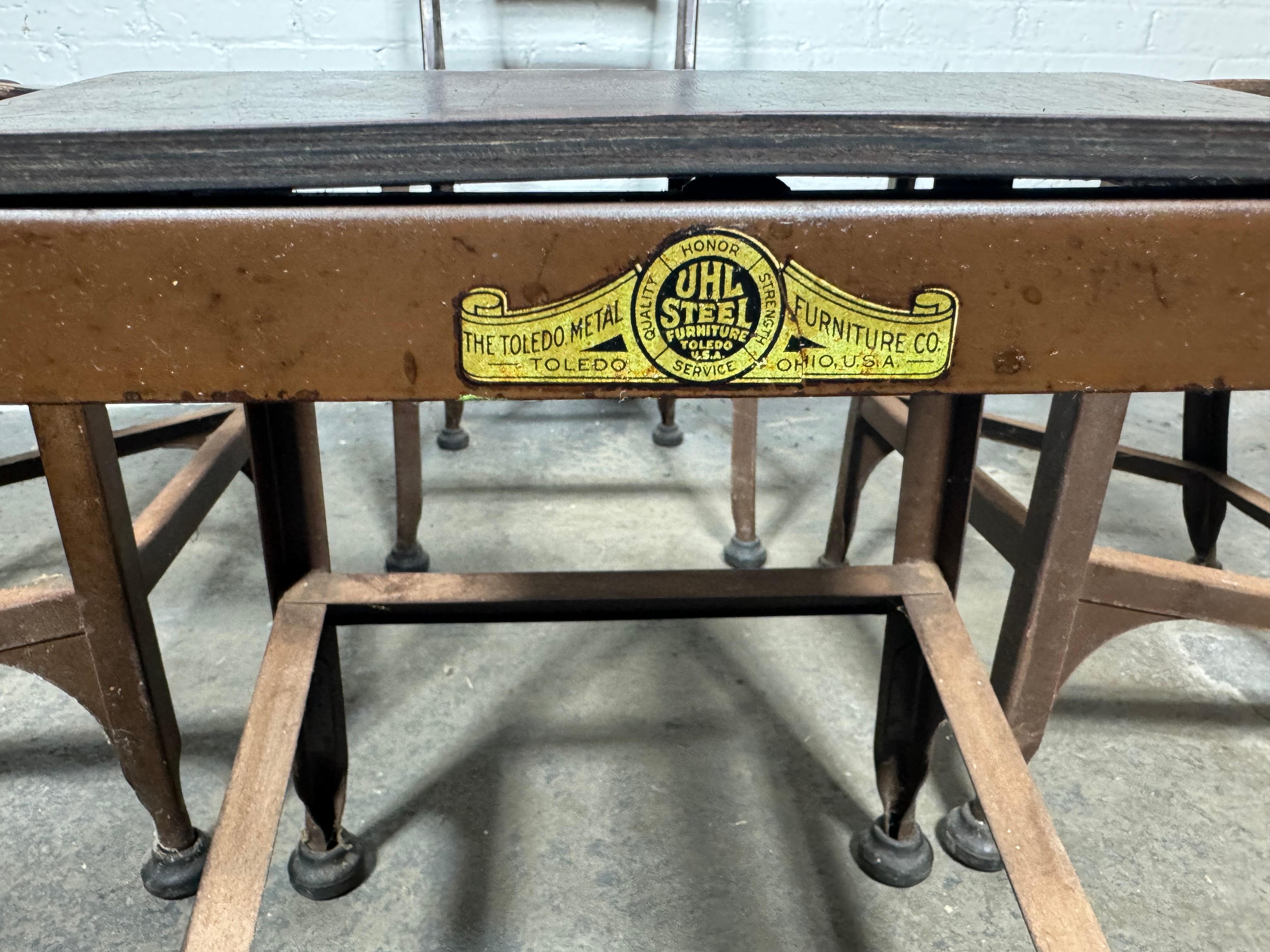 Great Set of 4 matching Plywood and Steel Industrial Dining Chairs / c.1940S: Manufactured by the Toledo Metal Furniture Co.  Retain original finish / patina.. Also retain all 16 foot pads (always missing) Extremely comfortable, Classic design,,
