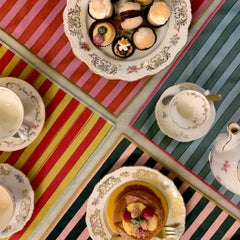 Lote de 4 manteles individuales de terciopelo de poliéster a rayas multicolores