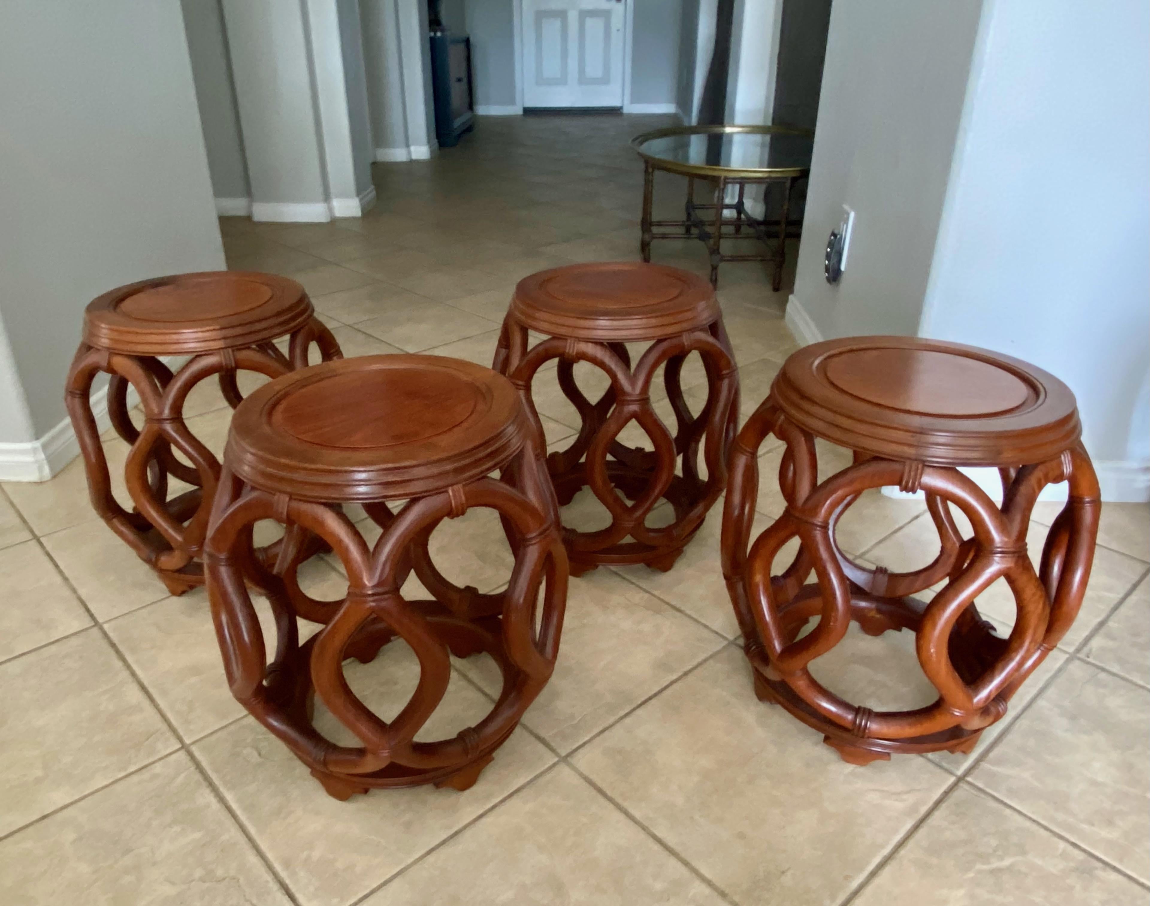 Set 4 Vintage Chinese Asian Hardwood Garden Seat Stools In Fair Condition For Sale In Palm Springs, CA