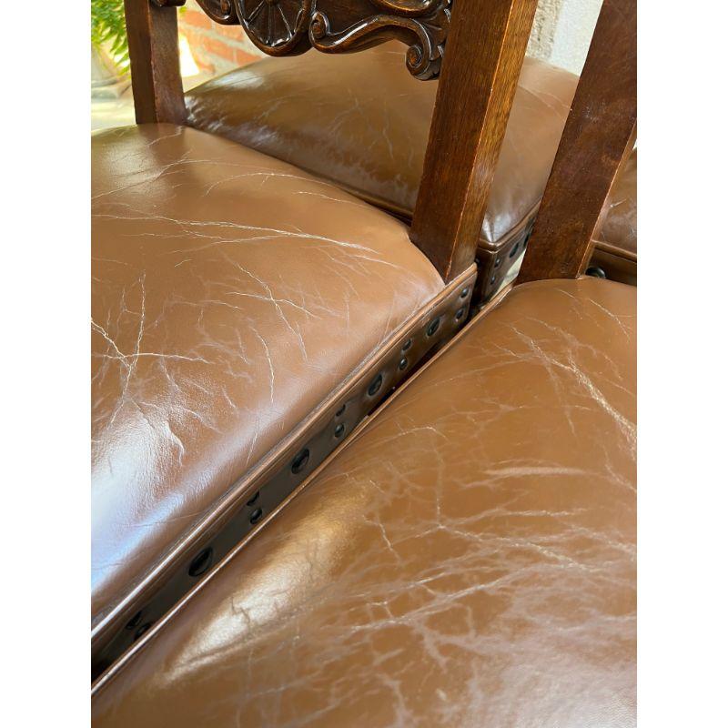 Set 4 Vintage French Carved Oak Ladder Back Dining Chair Leather Seat Brass Trim 5