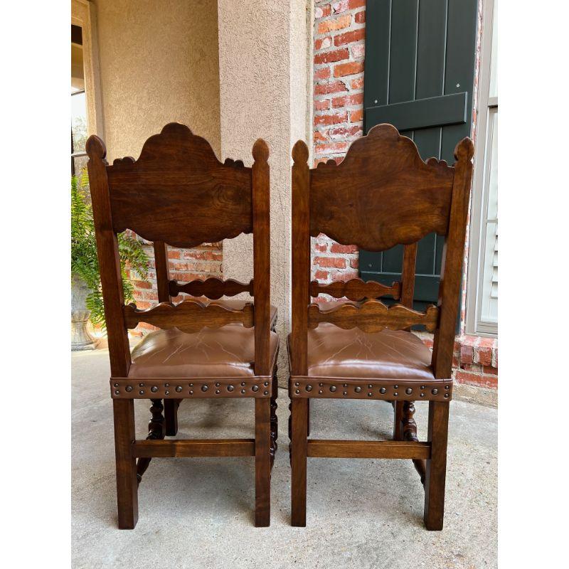 Set 4 Vintage French Carved Oak Ladder Back Dining Chair Leather Seat Brass Trim 6