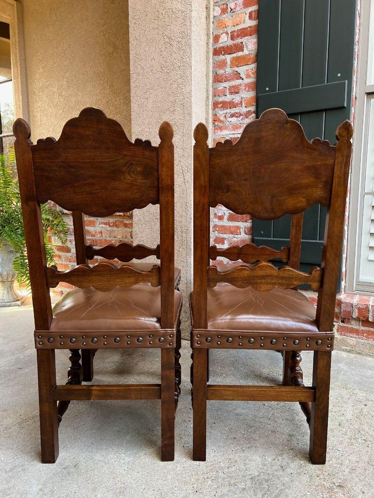 Set 4 Vintage French Carved Oak Ladder Back Dining Chair Leather Seat Brass Trim For Sale 6