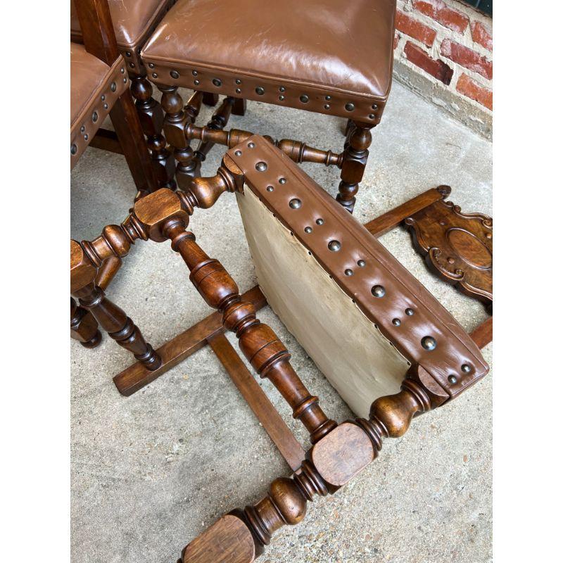 Set 4 Vintage French Carved Oak Ladder Back Dining Chair Leather Seat Brass Trim 7