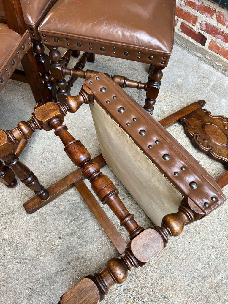 Set 4 Vintage French Carved Oak Ladder Back Dining Chair Leather Seat Brass Trim For Sale 7