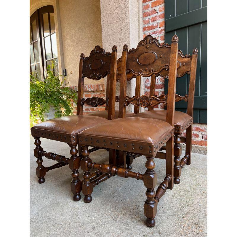 Set 4 Vintage French Carved Oak Ladder Back Dining Chair Leather Seat Brass Trim 8