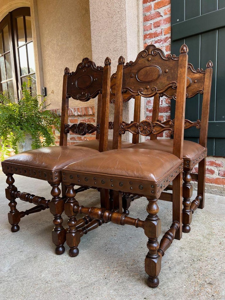 Set 4 Vintage French Carved Oak Ladder Back Dining Chair Leather Seat Brass Trim For Sale 8