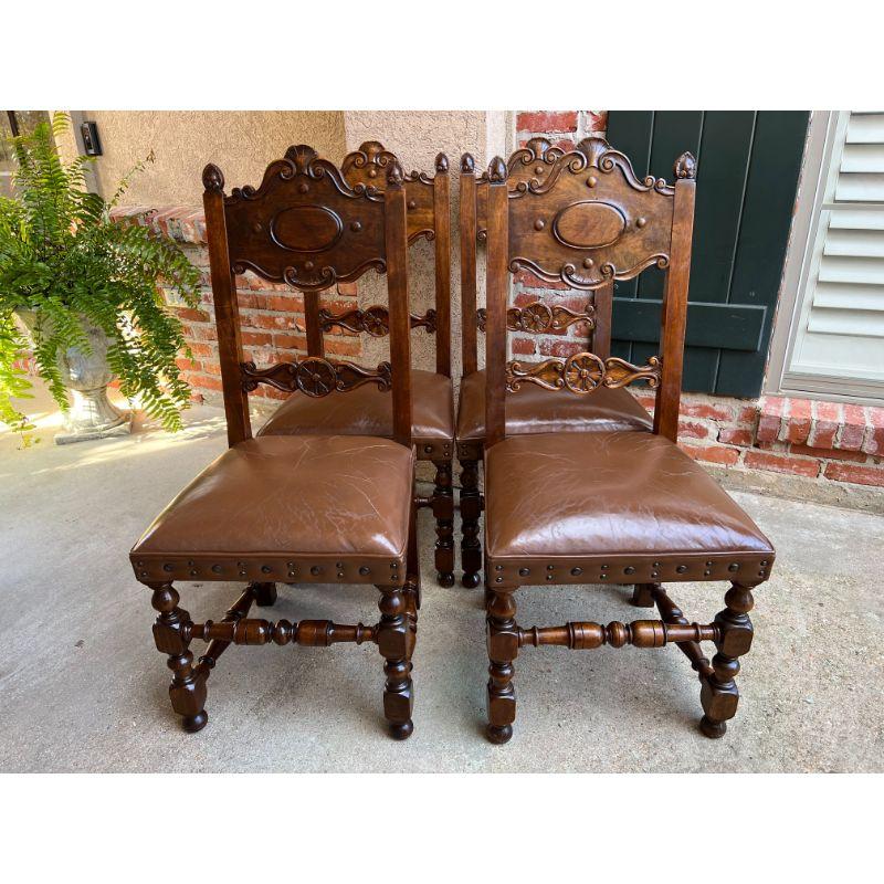 Set 4 Vintage French Carved Oak Ladder Back Dining Chair Leather Seat Brass Trim 9