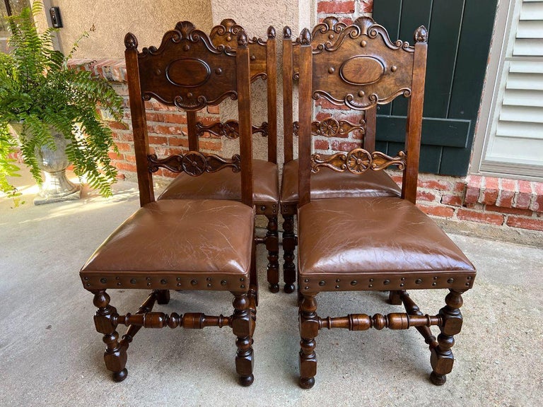 Set 4 Vintage French Carved Oak Ladder Back Dining Chair Leather Seat Brass Trim For Sale 9