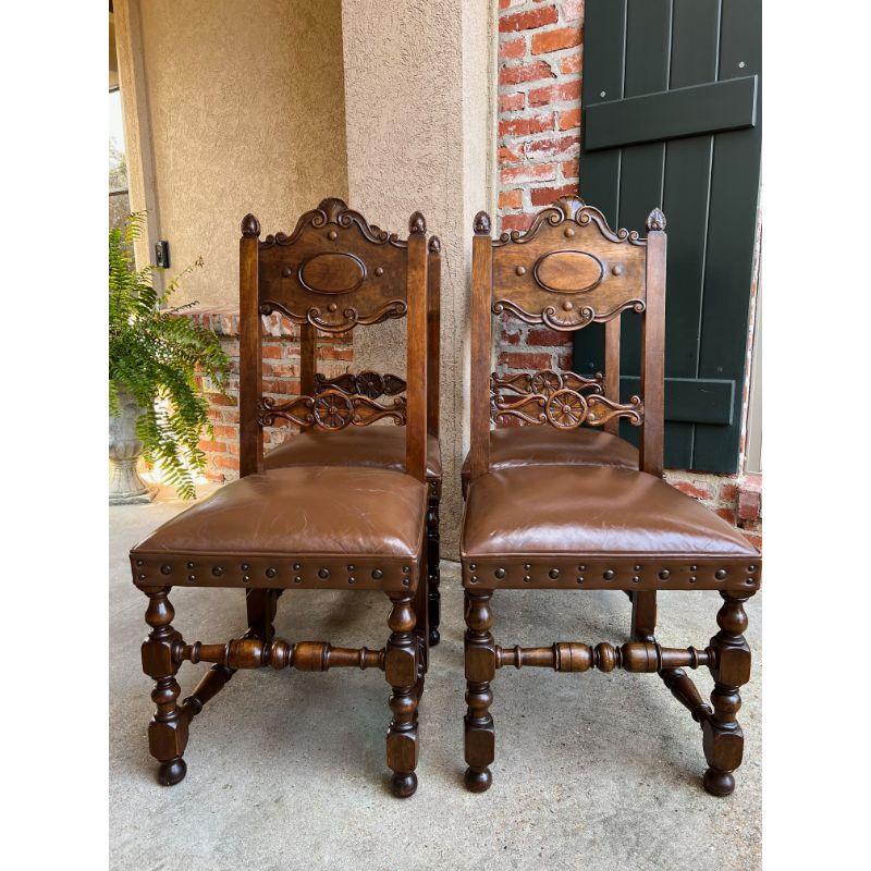 Set 4 Vintage French Carved Oak Ladder Back Dining Chair Leather Seat Brass Trim 10