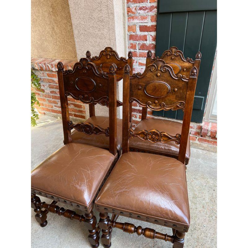 Set 4 Vintage French Carved Oak Ladder Back Dining Chair Leather Seat Brass Trim 11