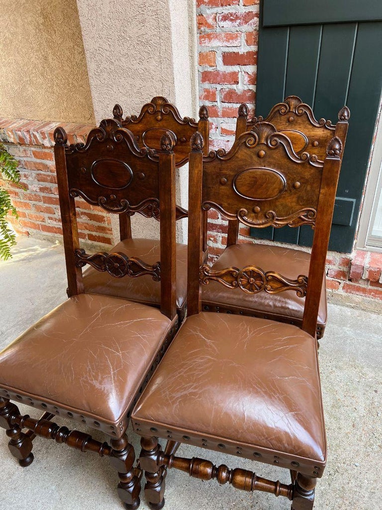 Set 4 Vintage French Carved Oak Ladder Back Dining Chair Leather Seat Brass Trim For Sale 11