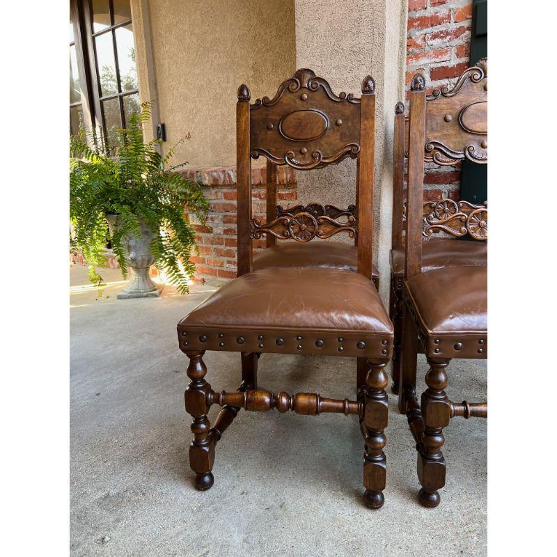 Set 4 Vintage French Carved Oak Ladder Back Dining Chair Leather Seat Brass Trim 12