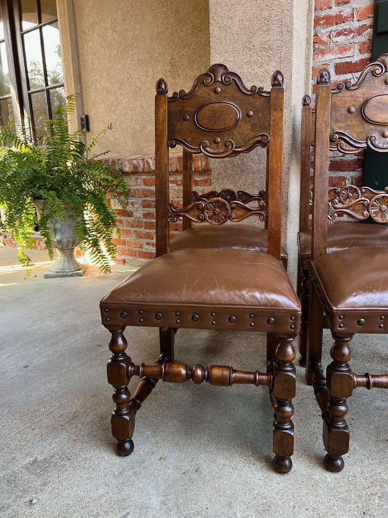 Set 4 Vintage French Carved Oak Ladder Back Dining Chair Leather Seat Brass Trim For Sale 12
