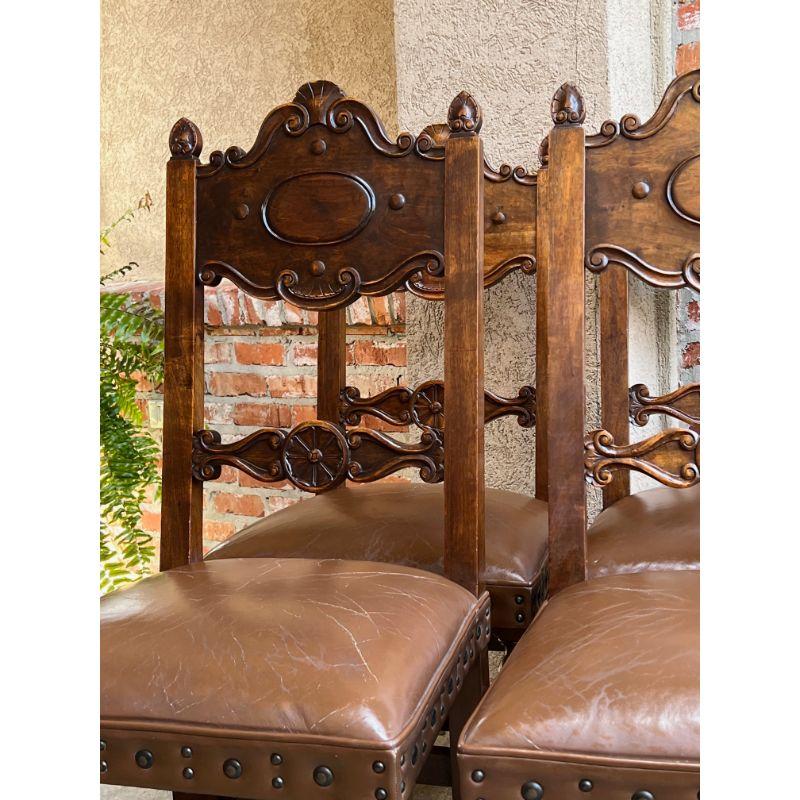 Set 4 Vintage French Carved Oak Ladder Back Dining Chair Leather Seat Brass Trim 13